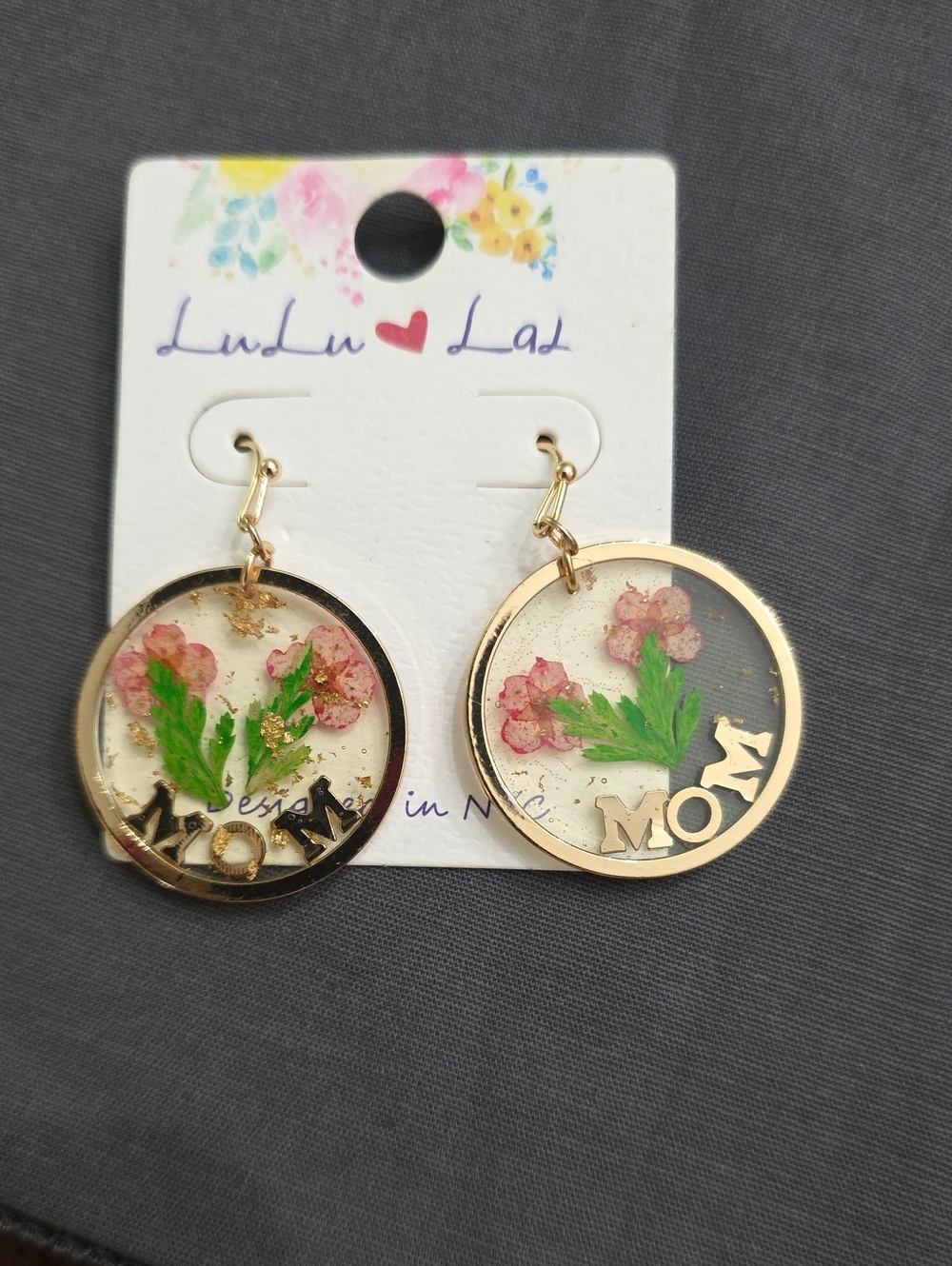 NWT Lulu Lala Gold 'MOM' Floral Resin Drop Earrings - Pink & Green